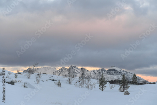 Snow landscape in the mountains of arctic Norway in winter