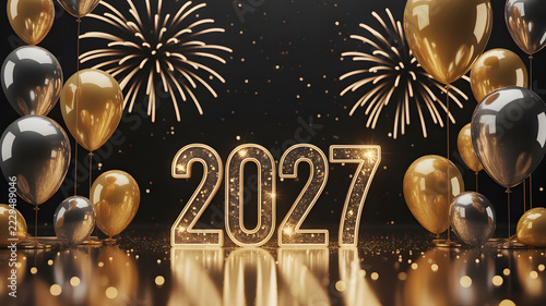 Gleaming 2027 numerals with festive balloons and fireworks during a celebratory night conceptualizing new beginnings