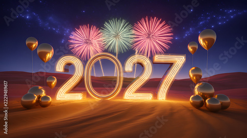 Golden 2027 numerals illuminated with festive fireworks and balloons during a desert celebration