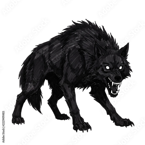 Fotografie Scary Angry dark black wolf snarling illustration