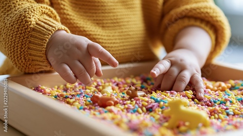 Close-Up of Toddler Hands Exploring Rainbow Sensory Rice Bin with Animal Figurines in Montessori Early Childhood Activity