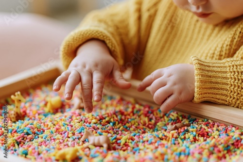 Close-Up of Toddler Hands Exploring Rainbow Sensory Rice Bin with Animal Figurines in Montessori Early Childhood Activity