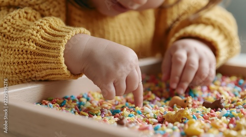 Close-Up of Toddler Hands Exploring Rainbow Sensory Rice Bin with Animal Figurines in Montessori Early Childhood Activity