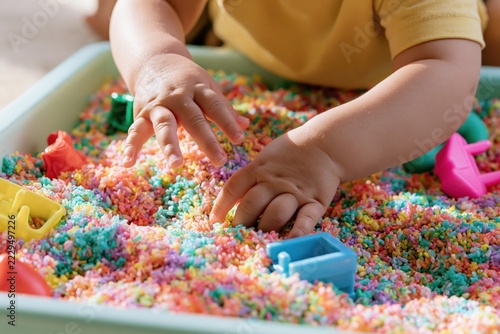 Close-Up of Toddler Hands Exploring Rainbow Sensory Rice Bin with Animal Figurines in Montessori Early Childhood Activity