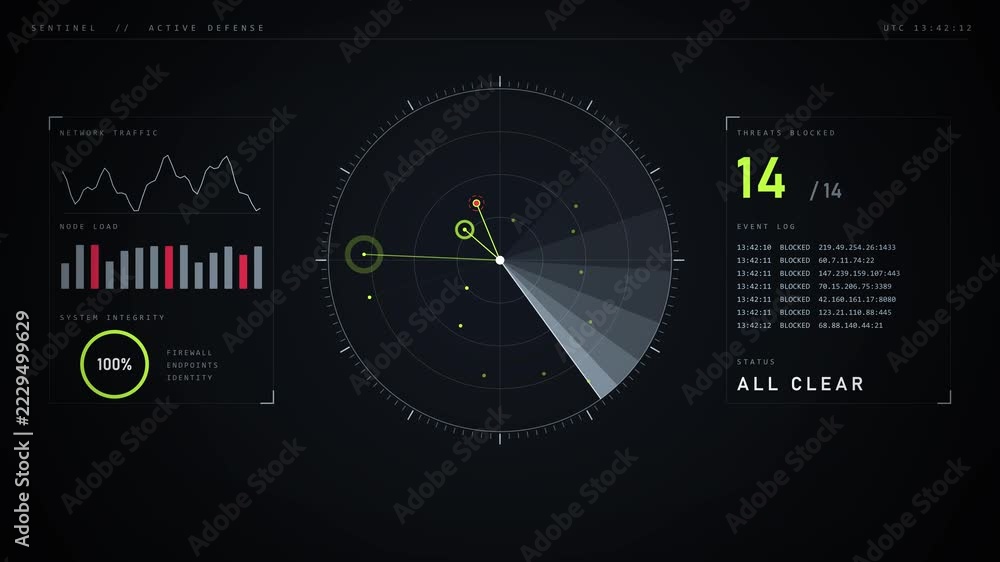 Futuristic HUD interface with rotating radar and data analytics during ...