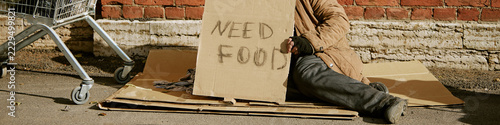 Header of homeless adult sitting on street sidewalk holding cardboard sign asking for food near shopping cart. Useful for social campaigns and charity marketing