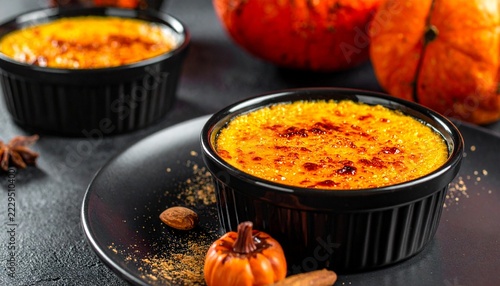 An elegant pumpkin crème brûlée in a premium black ceramic ramekin, perfectly caramelized golden sugar crust, silky pumpkin custard, subtle cinnamon and nutmeg garnish
