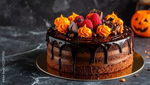 An elegant dark chocolate layer cake covered with glossy black chocolate ganache, delicate orange chocolate decorations, subtle spiderweb chocolate pattern, fresh raspberries and chocolate curls