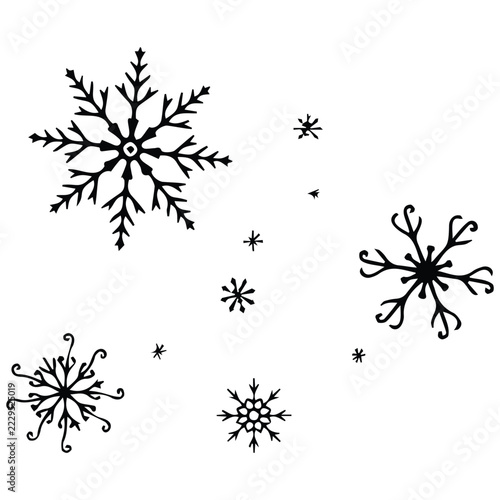 Snowflakes vector silhouette illustration set, various winter snow frost designs line art.