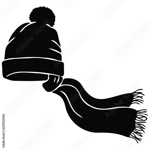Winter hat with pompom and long scarf vector silhouette illustration set.