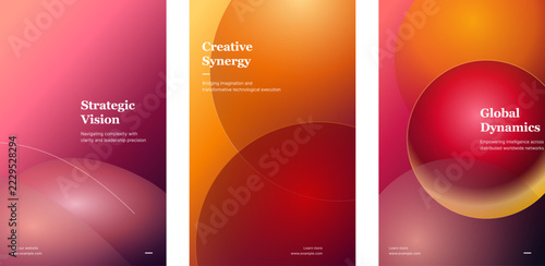 Warm vibrant corporate brochure cover and flyer template set with abstract glowing overlapping spheres in red and orange gradients