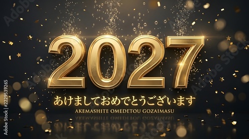 Gold metallic balloon numbers 2027 floating against a dark background
