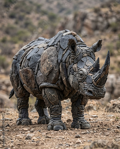 Rugged Rhinoceros Stone Pebble Art Sculpture Standing in Nature - Realistic Mosaic Craft