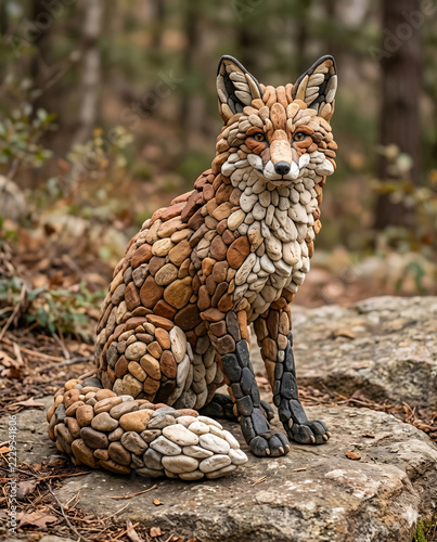 Red Fox Stone Pebble Art Sculpture Sitting on Rock - Realistic Mosaic Craft  