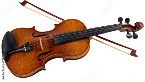 Obraz na plátně Acoustic violin with bow resting across strings, isolated on transparent backgro