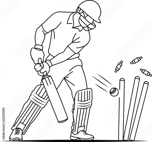 Cricket Batting Action One Line Drawing with Broken Wicket Vector