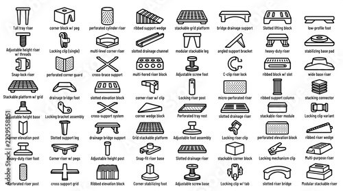 Various structural risers and supports for elevation in industrial assembly and rack systems with mounting brackets