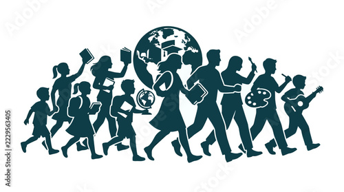 International Education Day Vector Illustration, Diverse Students and People Walking with Books and Art Palette, Lifelong Global Learning Concept