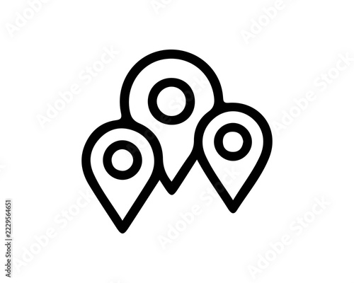 Three black map location pins icon showing navigation points and destination markers on a white background