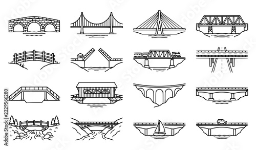 Bridge and River Crossing Outline Icons Set with Different Bridge Structures