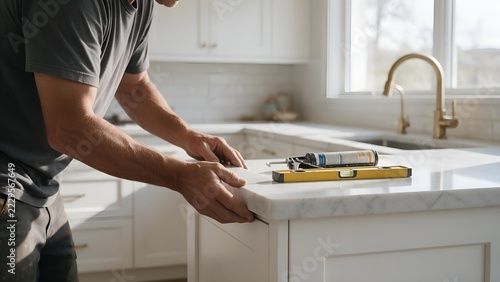 Skilled contractor carefully installing luxurious marble countertops inside modern bright residential kitchen featuring white cabinetry and professional tools during daytime renovation project