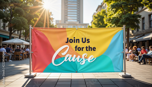 Colorful Join Us for the Cause protest banner on a city street  