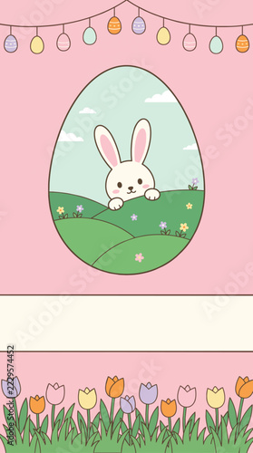 Easter banner with bunny egg frame and tulip border