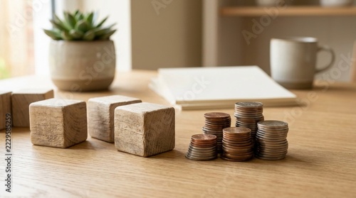 Wooden Cubes and Stacks of Coins on a Wooden Table Representing Investment and Financial Growth