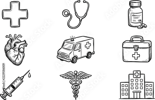 Set of handdrawn medical icons including stethoscope, ambulance, heart, syringe, hospital, and first aid kit