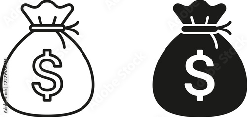Set of money bag icons, outline and solid style, vector illustration of currency sacks with dollar sign
