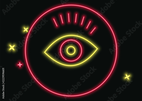 Minimalist Neon Sign Featuring A Stylized Human Eye Icon Surrounded By A Glowing Red Circular Frame Design