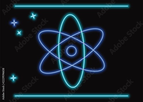 Glowing Neon Atom Symbol Illustration Featuring Vibrant Blue Light Trails And Sparkling Stars On A Dark Background