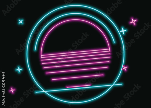 Retro futuristic neon sun design with glowing cyan circles and pink horizontal lines isolated on black