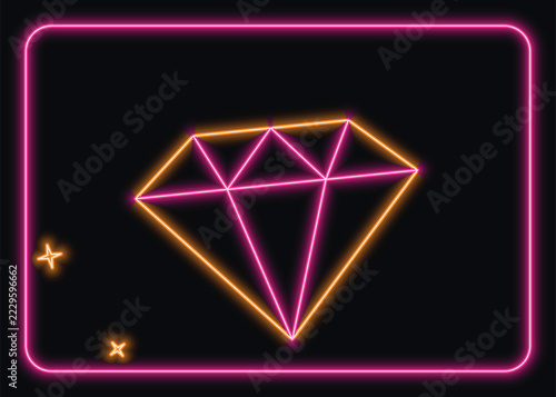 Neon glowing diamond icon inside a pink rectangular frame on a dark black background vector design