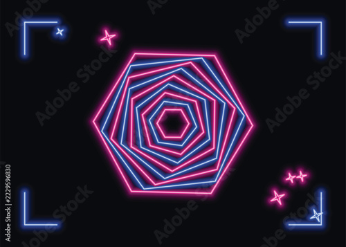 Abstract neon glowing geometric shapes tunnel with pink and blue lines on dark background