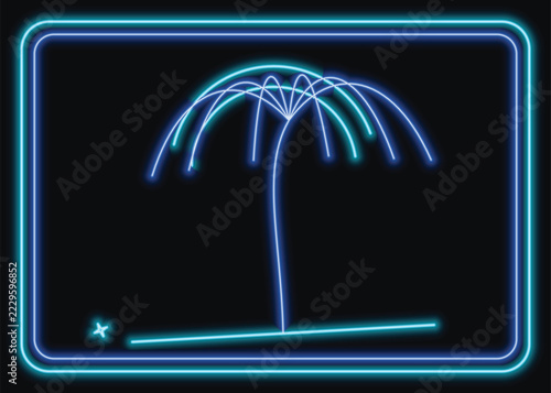 Minimalist Neon Style Illustration Featuring A Stylized Glowing Palm Tree Icon Inside A Rectangular Blue Border Frame