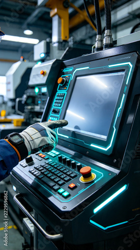 a worker's hand pointing at a machine with modern technology