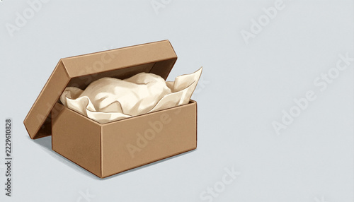 Open square brown cardboard box revealing crumpled beige tissue paper inside, light grey background, hand drawn digital painting style
