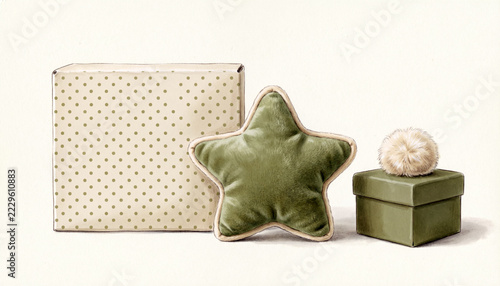 Green star-shaped plush pillow sitting next to patterned cardboard gift box and small green box with fluffy pompom, white background, hand drawn sketch style