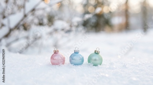 Pastel Xmas Baubles on Snow with Winter Bokeh Decor.