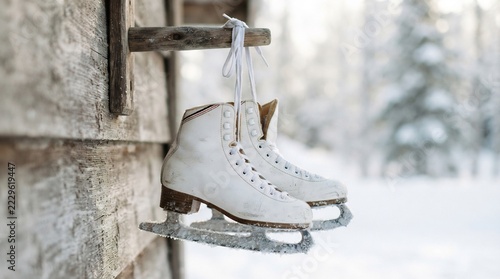 Vintage Ice Skates Hanging on Winter Cabin Wall.
