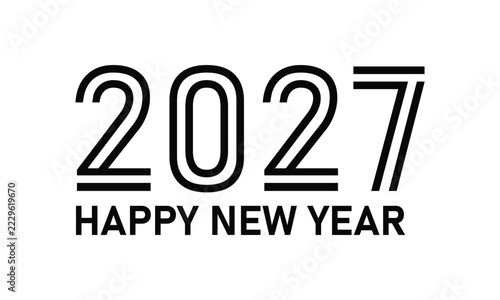 Happy New Year 2027 black multi line outline number design with stripes on white background
