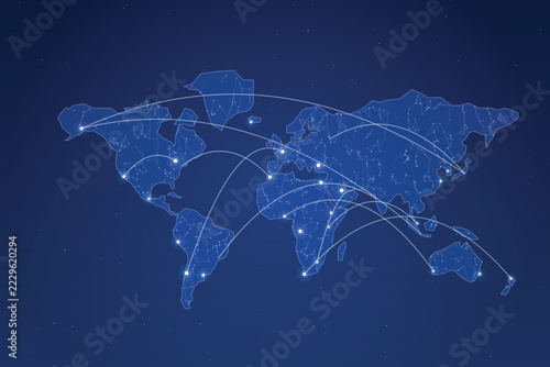 World map network mesh design in dark blue color scheme for global logistics and technology.