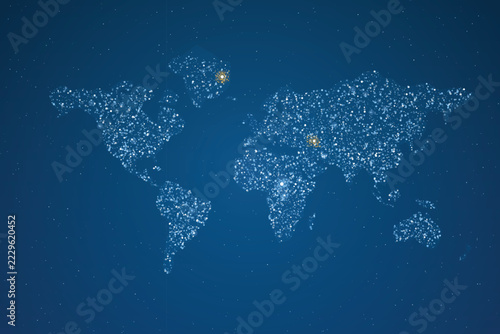 Abstract particle map layout with highlighted nodes on dark blue backdrop for digital network.