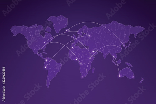 Global network connections across purple world map showing communication routes and technology.
