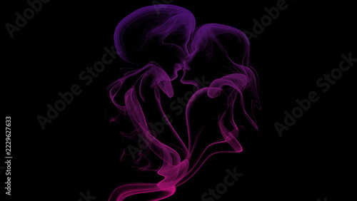 Abstract Smoke Art of Kissing Couple Forming a Heart Shape on Black Background