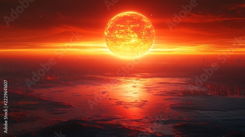 Red sun over water reflection