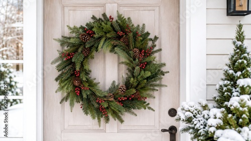 Traditional Christmas wreath with evergreen branches red berries and pinecones on front door