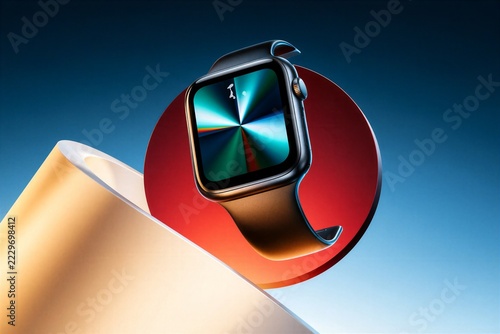 Modern smartwatch with luminous digital face against an abstract backdrop