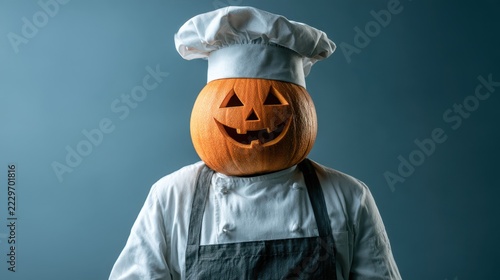 Surreal Halloween chef with a smiling carved pumpkin head, white chef hat and apron against a blue background with copy space